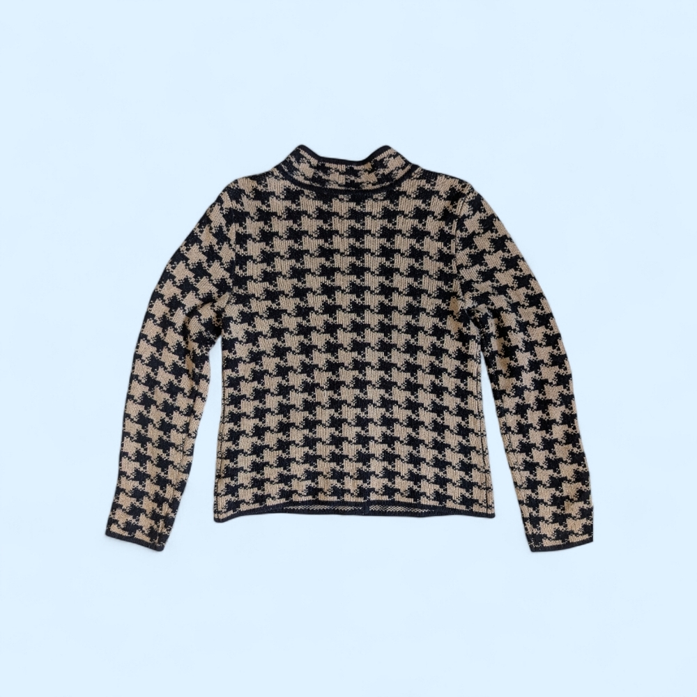 SOLD Jones New York Wool Blend Tan/Black Houndstooth Mock Neck Cardigan Size S - Picture 3 of 6
